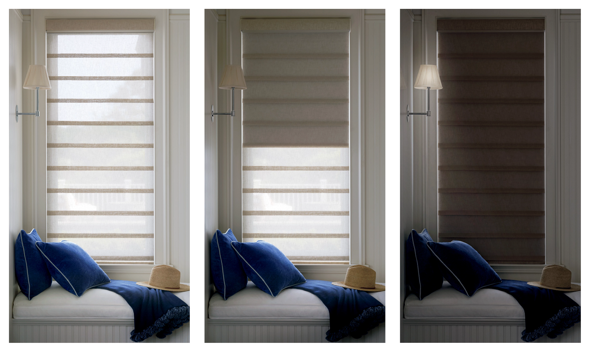 Bedroom window shades shown open, partly closed and fully closed to compare light control.
