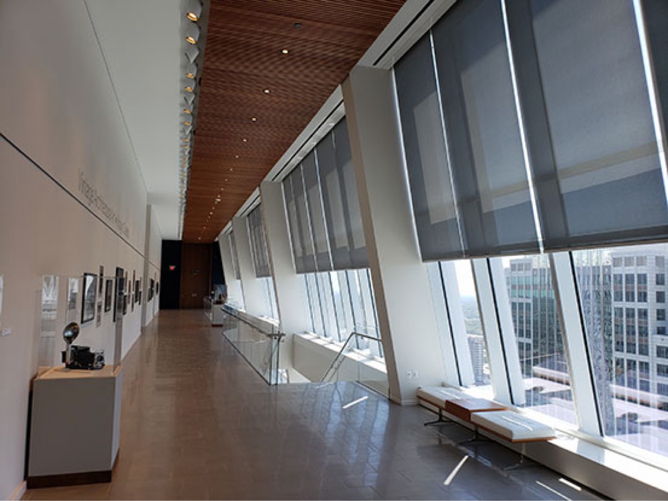 Commercial solar roller shades on floor-to-ceiling office windows