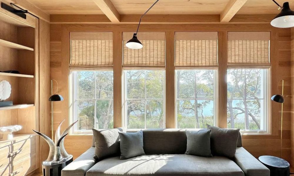 Natural woven window shades in a contemporary Pittsburgh living room